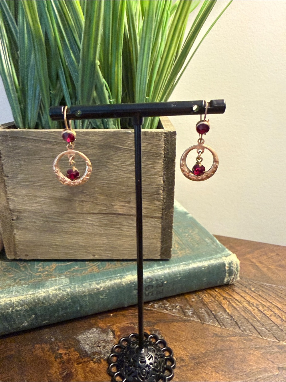 Vintage Victorian Revival Ruby Red Rhinestone Dangle Earrings Gold Tone Etched